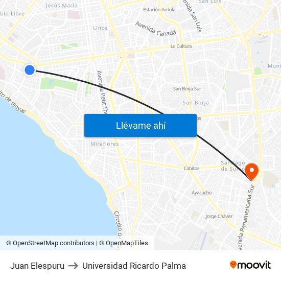 Juan Elespuru to Universidad Ricardo Palma map