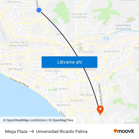 Mega Plaza to Universidad Ricardo Palma map