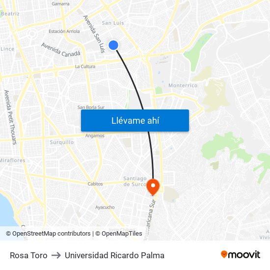 Rosa Toro to Universidad Ricardo Palma map