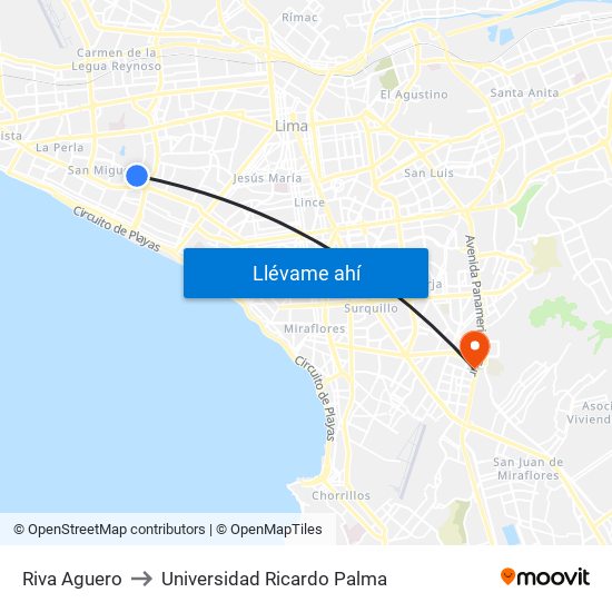 Riva Aguero to Universidad Ricardo Palma map