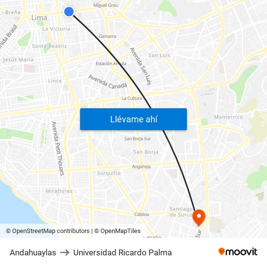 Andahuaylas to Universidad Ricardo Palma map