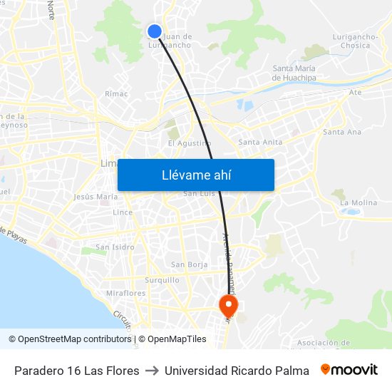 Paradero 16 Las Flores to Universidad Ricardo Palma map