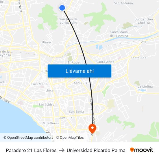 Paradero 21 Las Flores to Universidad Ricardo Palma map