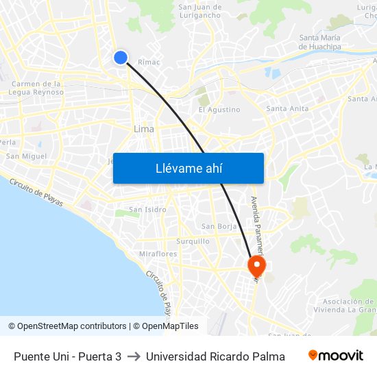 Puente Uni - Puerta 3 to Universidad Ricardo Palma map