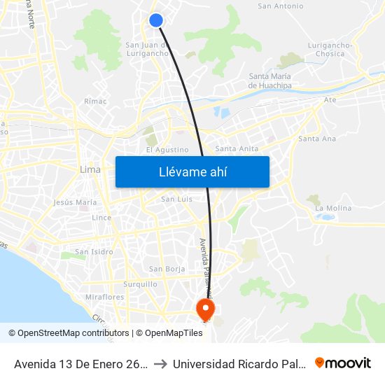 Avenida 13 De Enero 2654 to Universidad Ricardo Palma map