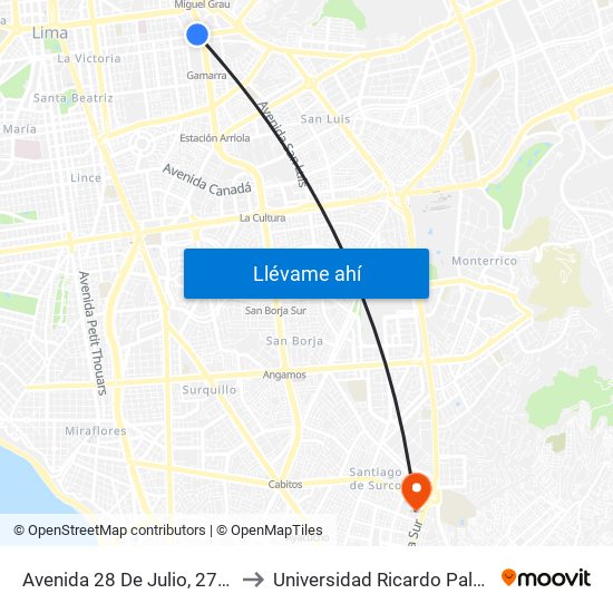 Avenida 28 De Julio, 2715 to Universidad Ricardo Palma map