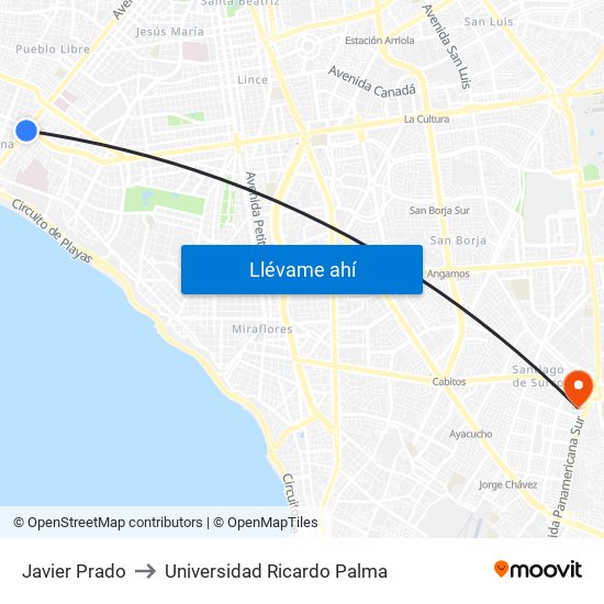 Javier Prado to Universidad Ricardo Palma map