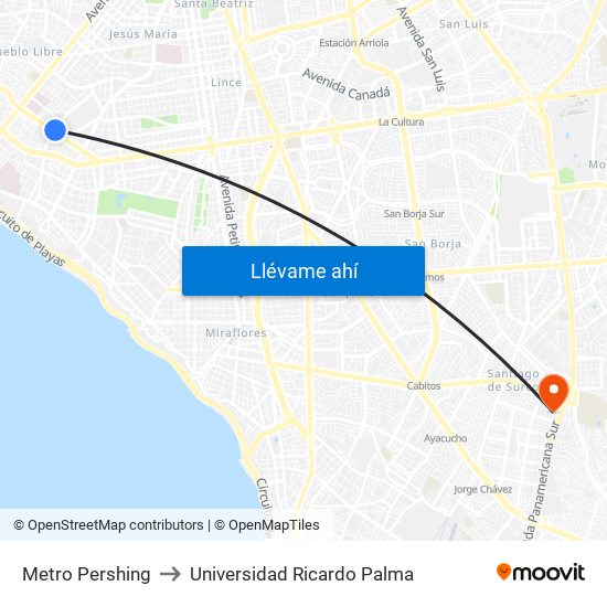 Metro Pershing to Universidad Ricardo Palma map