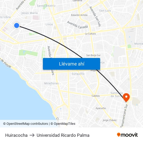 Huiracocha to Universidad Ricardo Palma map