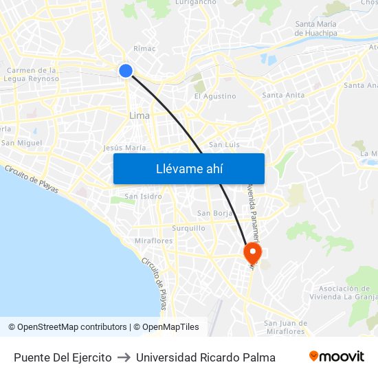 Puente Del Ejercito to Universidad Ricardo Palma map