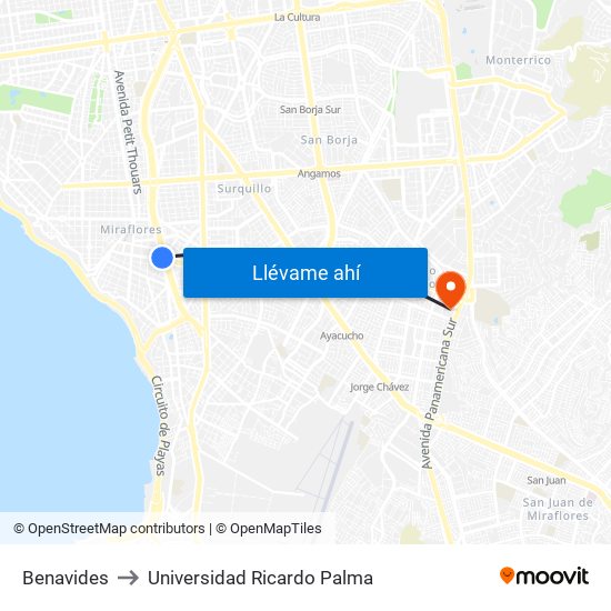 Benavides to Universidad Ricardo Palma map