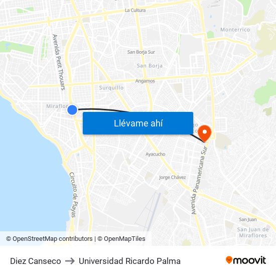Diez Canseco to Universidad Ricardo Palma map