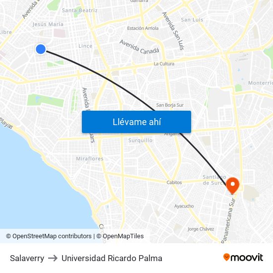 Salaverry to Universidad Ricardo Palma map