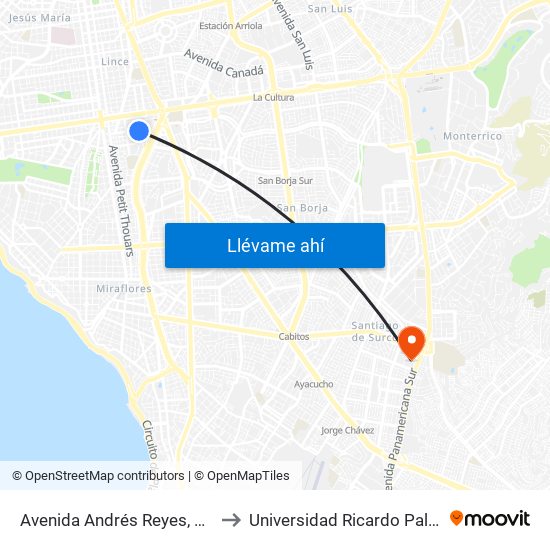 Avenida Andrés Reyes, 472 to Universidad Ricardo Palma map