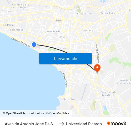 Avenida Antonio José De Sucre, 574 to Universidad Ricardo Palma map