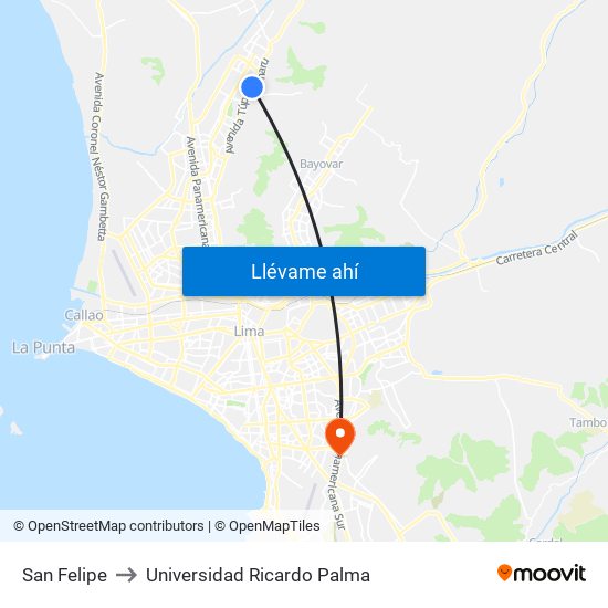 San Felipe to Universidad Ricardo Palma map