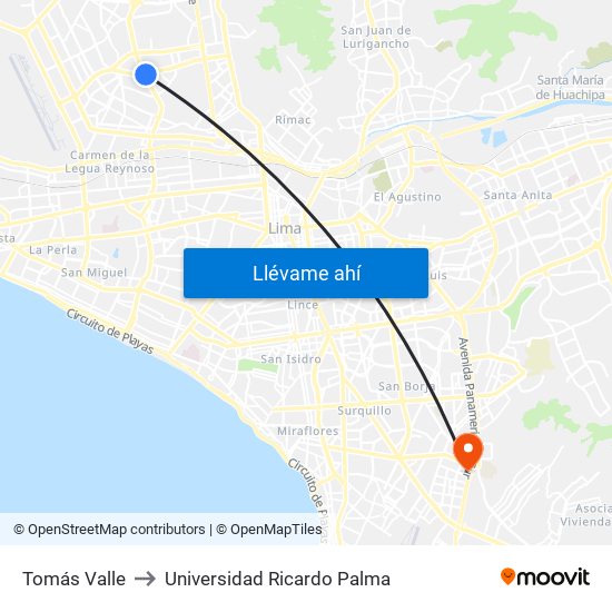 Tomás Valle to Universidad Ricardo Palma map