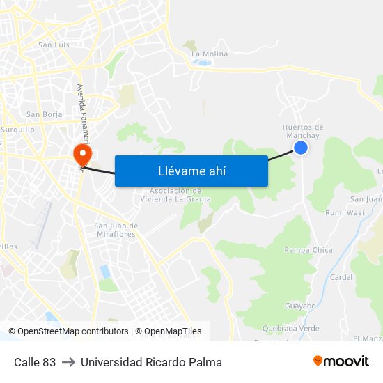 Calle 83 to Universidad Ricardo Palma map