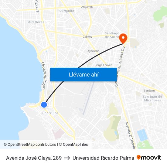 Avenida José Olaya, 289 to Universidad Ricardo Palma map