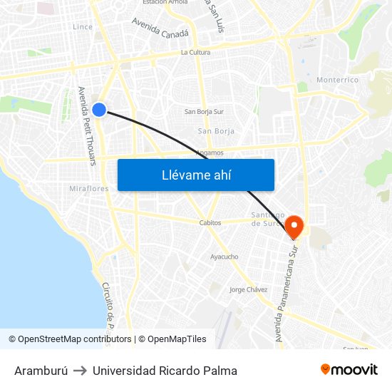 Aramburú to Universidad Ricardo Palma map