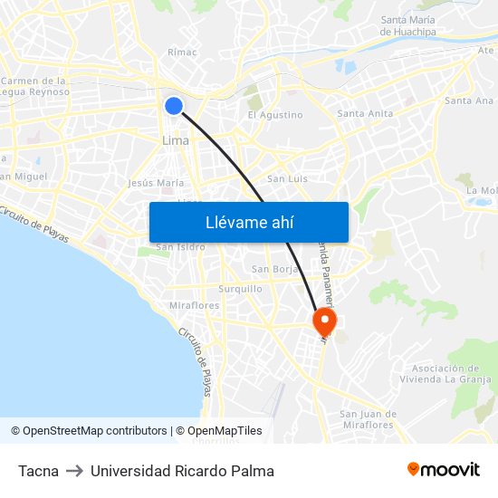 Tacna to Universidad Ricardo Palma map