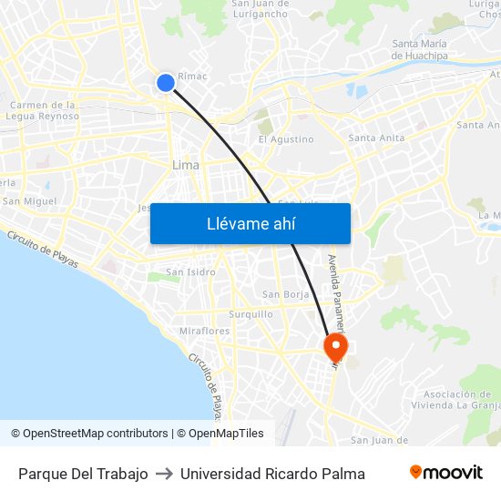Parque Del Trabajo to Universidad Ricardo Palma map