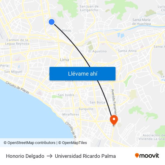 Honorio Delgado to Universidad Ricardo Palma map