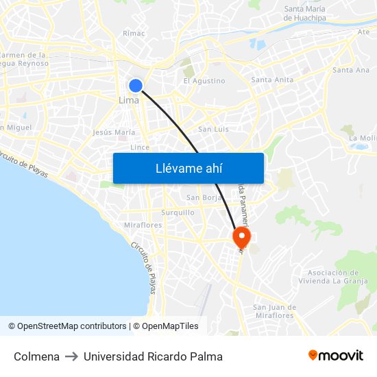 Colmena to Universidad Ricardo Palma map