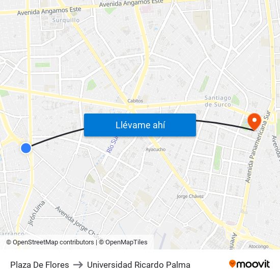 Plaza De Flores to Universidad Ricardo Palma map
