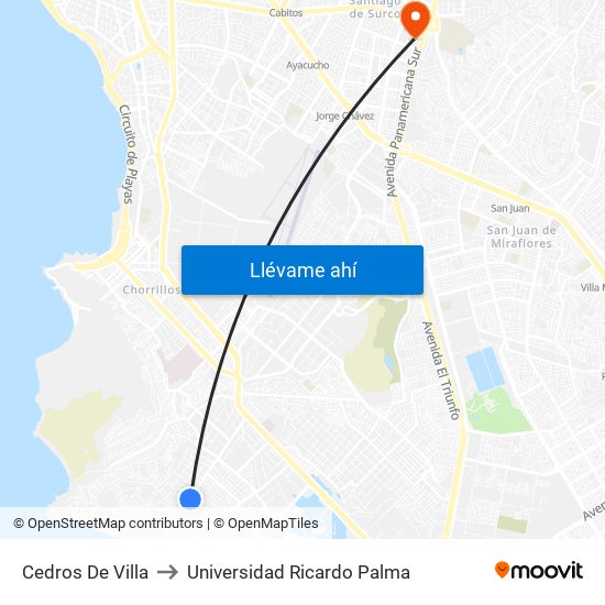Cedros De Villa‎ to Universidad Ricardo Palma map