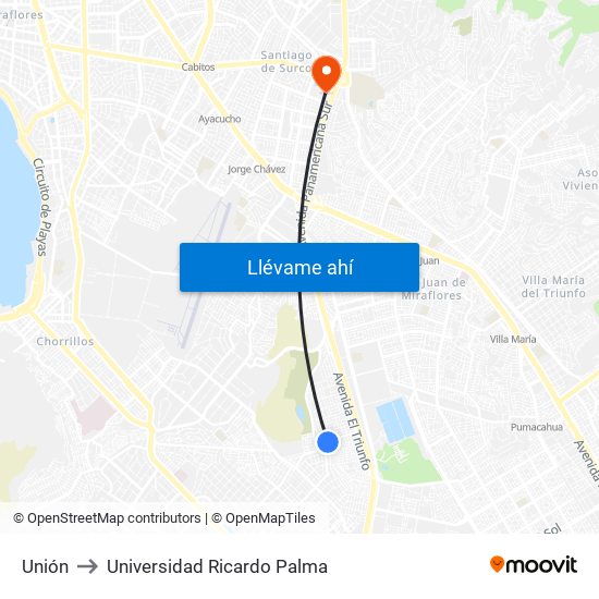 Unión to Universidad Ricardo Palma map