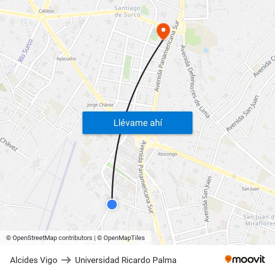 Alcides Vigo to Universidad Ricardo Palma map