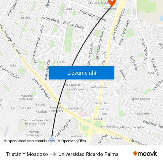 Tristán Y Moscoso to Universidad Ricardo Palma map