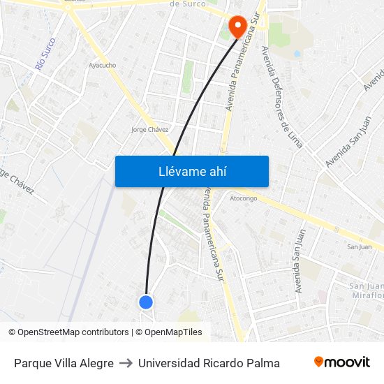 Parque Villa Alegre to Universidad Ricardo Palma map