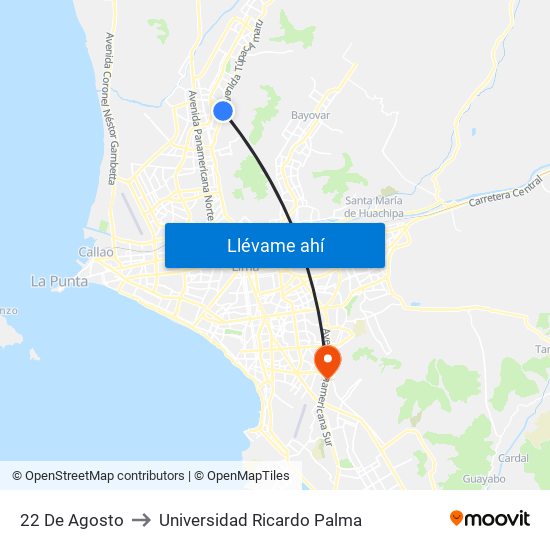 22 De Agosto to Universidad Ricardo Palma map