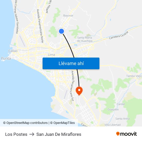 Los Postes to San Juan De Miraflores map