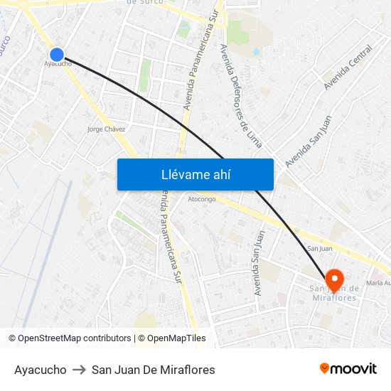 Ayacucho to San Juan De Miraflores map