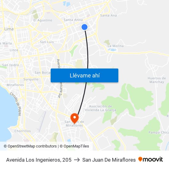Avenida Los Ingenieros, 205 to San Juan De Miraflores map