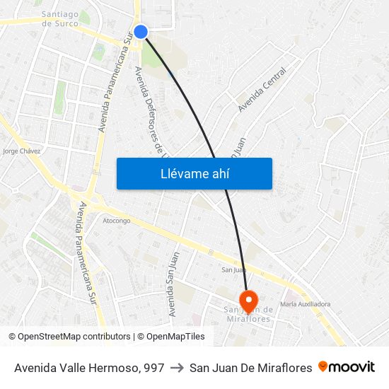 Avenida Valle Hermoso, 997 to San Juan De Miraflores map