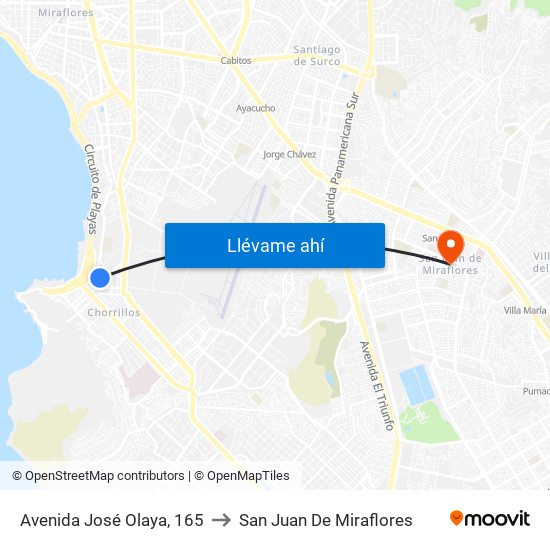 Avenida José Olaya, 165 to San Juan De Miraflores map
