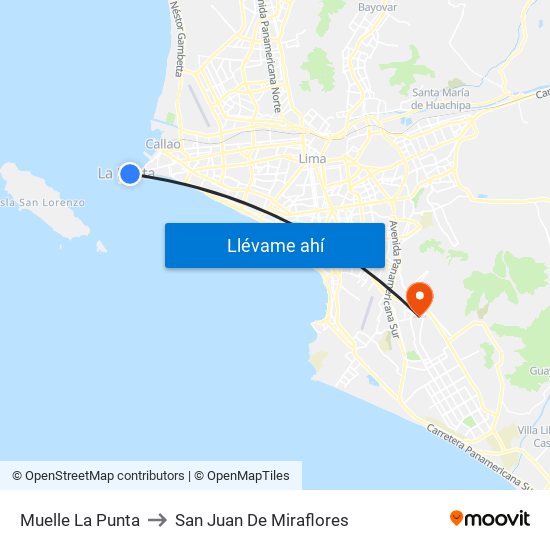 Muelle La Punta to San Juan De Miraflores map