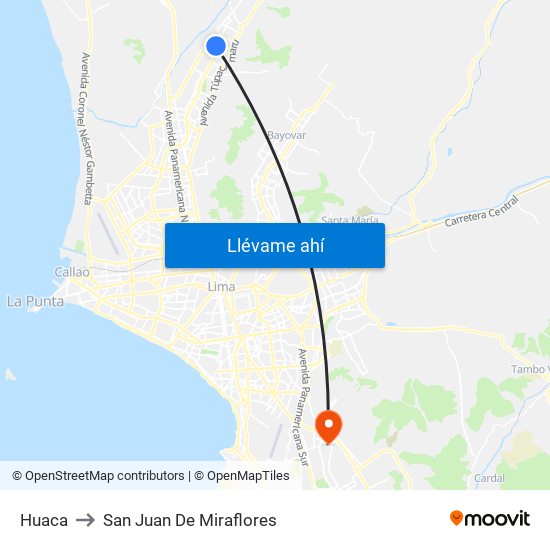 Huaca to San Juan De Miraflores map