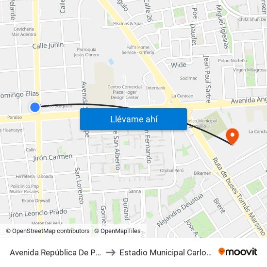 Avenida República De Panamá, 4746 to Estadio Municipal Carlos A. Moscoso map