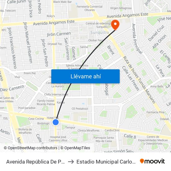 Avenida República De Panamá, 6239 to Estadio Municipal Carlos A. Moscoso map