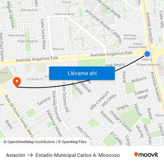 Aviación to Estadio Municipal Carlos A. Moscoso map