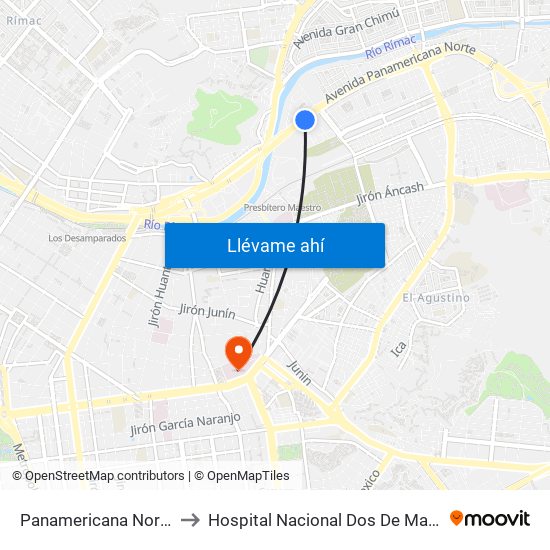 Panamericana Norte to Hospital Nacional Dos De Mayo map