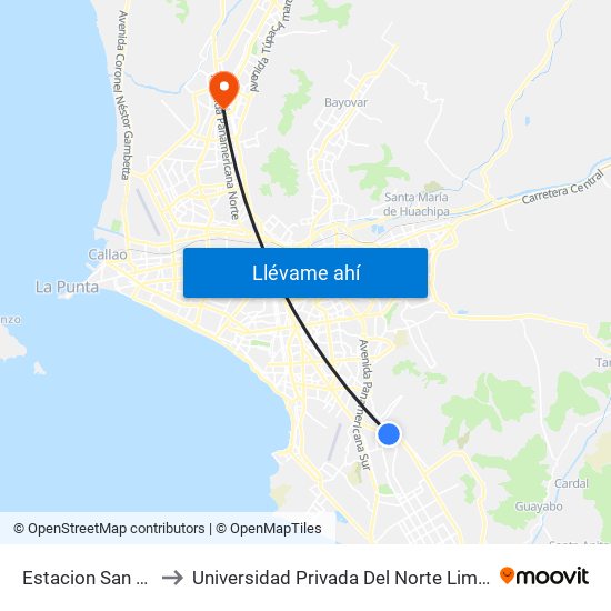Estacion San Juan to Universidad Privada Del Norte Lima Norte map