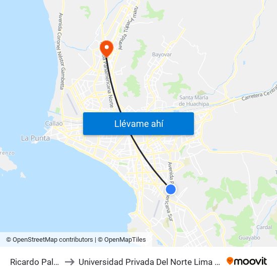 Ricardo Palma to Universidad Privada Del Norte Lima Norte map