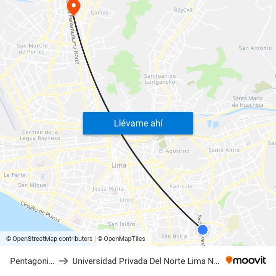 Pentagonito to Universidad Privada Del Norte Lima Norte map