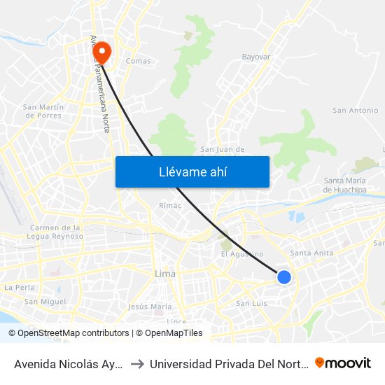 Avenida Nicolás Ayllón, 2598 to Universidad Privada Del Norte Lima Norte map